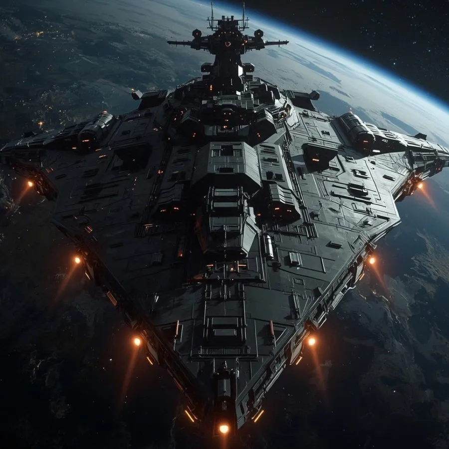 A Behemoth Warship holding orbit above a darkened world