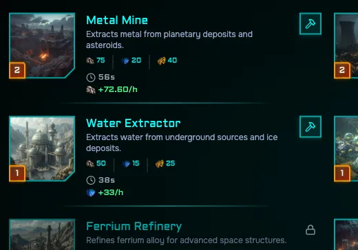 The construction bay listing resource buildings with levels, costs, build times and hourly output