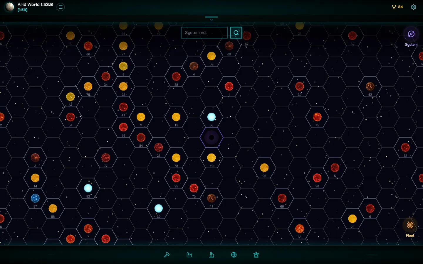 The galaxy map: a hex grid of numbered star systems in red, yellow and blue, with a black hole at the centre