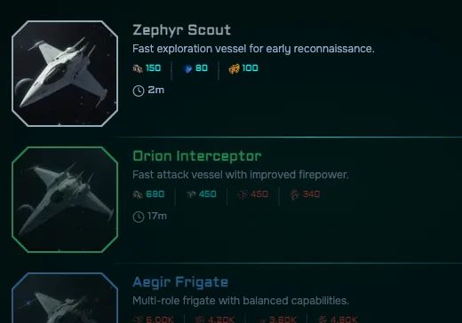 The ship research tree showing scout frames in rarity-coloured hex frames with rising costs and research times