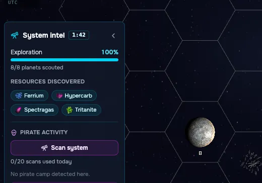 A star system seen close up: the System intel panel listing scouted planets and the deposits found, beside a hex grid carrying a world and a field of wreckage