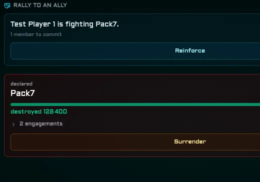 The war panel: an ally who can be reinforced, and a declared war showing what each side has destroyed, with a surrender button